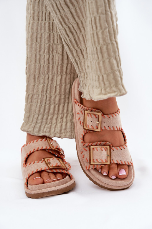 Women's Sandals With Buckles And Decorative Stitching Beige Visley