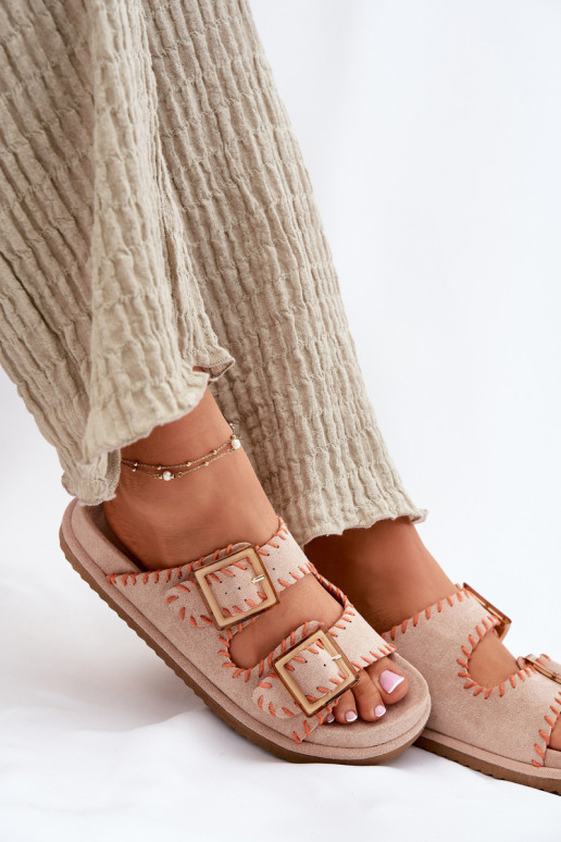 Women's Sandals With Buckles And Decorative Stitching Beige Visley