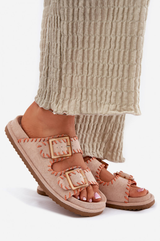 Women's Sandals With Buckles And Decorative Stitching Beige Visley