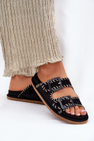 Women's Sandals With Buckles And Decorative Stitching Black Visley