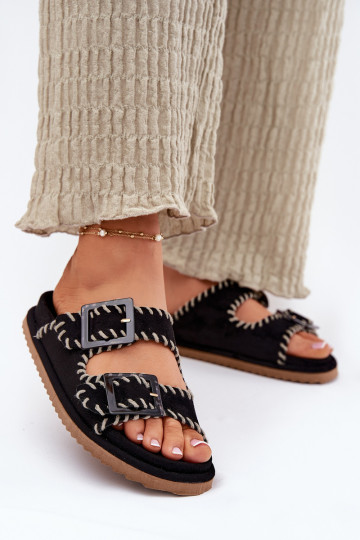 Women's Sandals With Buckles And Decorative Stitching Black Visley 2