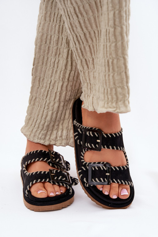 Women's Sandals With Buckles And Decorative Stitching Black Visley