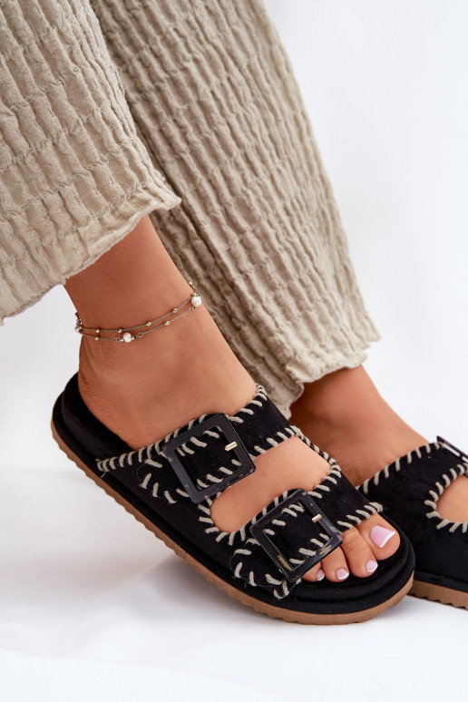 Women's Sandals With Buckles And Decorative Stitching Black Visley