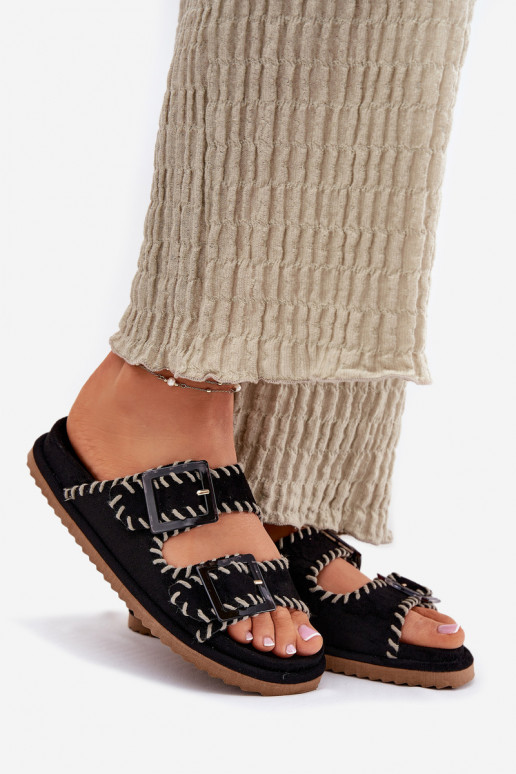 Women's Sandals With Buckles And Decorative Stitching Black Visley