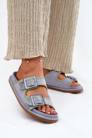 Ladies Slippers With Buckles And Decorative Edging Blue Visley