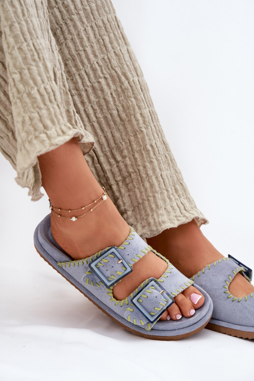 Ladies Slippers With Buckles And Decorative Edging Blue Visley