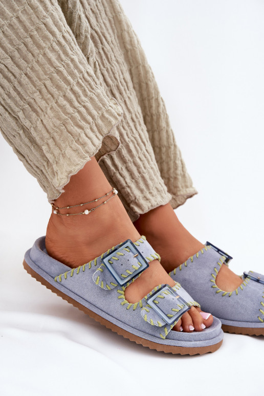 Ladies Slippers With Buckles And Decorative Edging Blue Visley