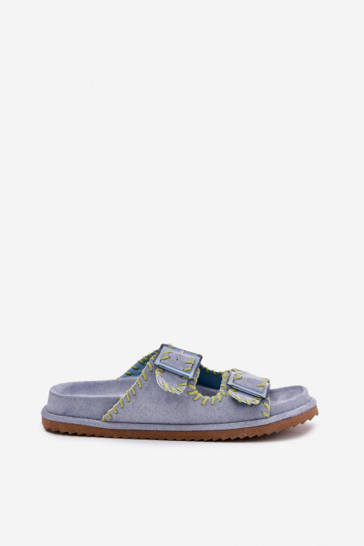 Ladies Slippers With Buckles And Decorative Edging Blue Visley