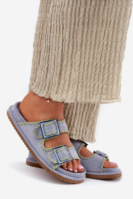Ladies Slippers With Buckles And Decorative Edging Blue Visley