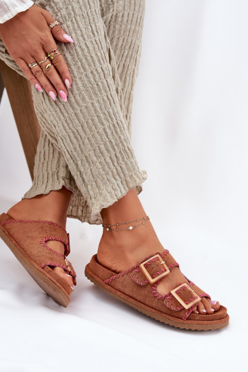 Women's Sandals With Buckles And Decorative Stitching Camel Visley
