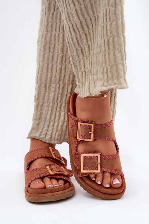Women's Sandals With Buckles And Decorative Stitching Camel Visley