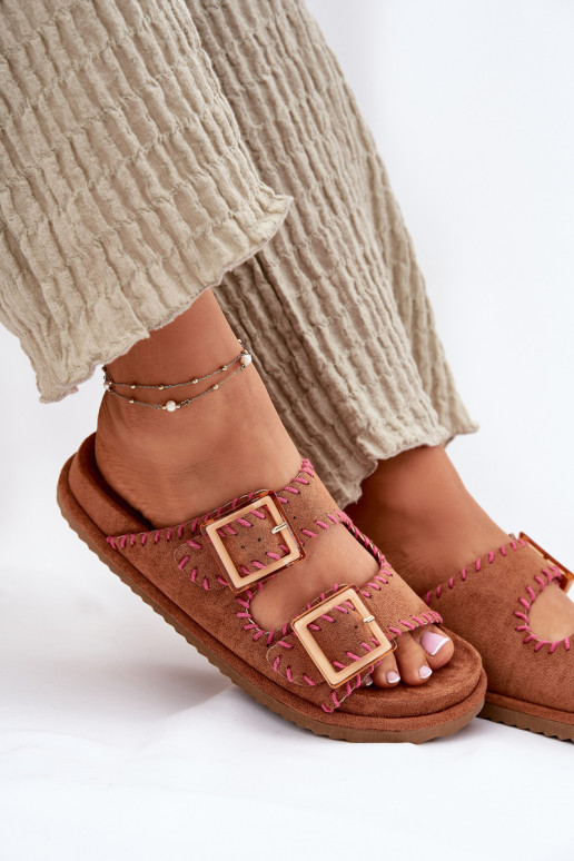 Women's Sandals With Buckles And Decorative Stitching Camel Visley