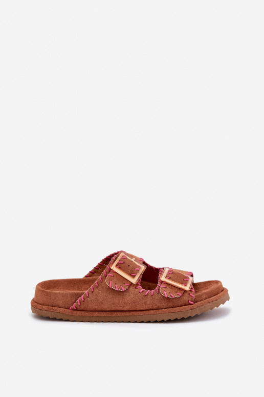 Women's Sandals With Buckles And Decorative Stitching Camel Visley