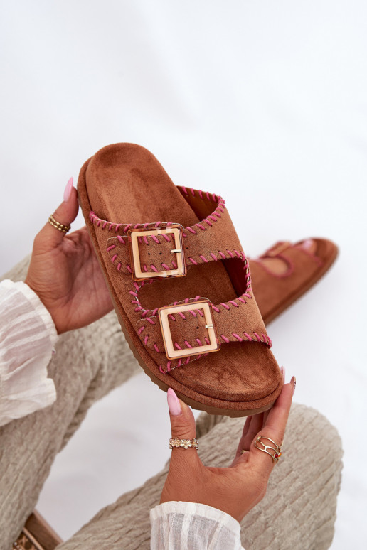 Women's Sandals With Buckles And Decorative Stitching Camel Visley
