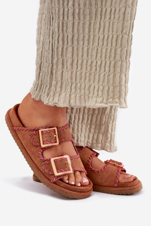 Women's Sandals With Buckles And Decorative Stitching Camel Visley