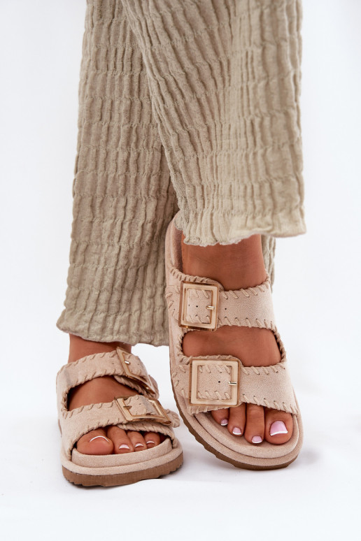 Women's Sandals With Buckles And Decorative Stitching Beige Visley