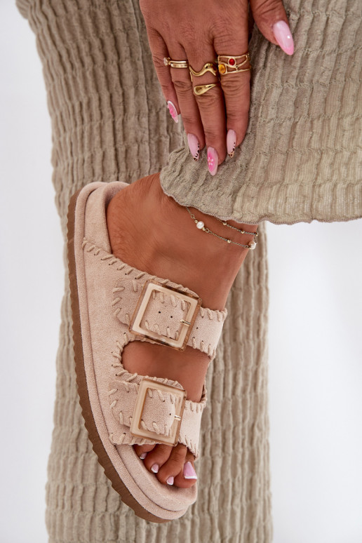 Women's Sandals With Buckles And Decorative Stitching Beige Visley
