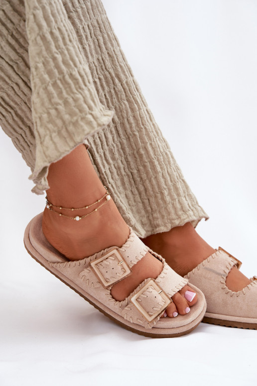 Women's Sandals With Buckles And Decorative Stitching Beige Visley