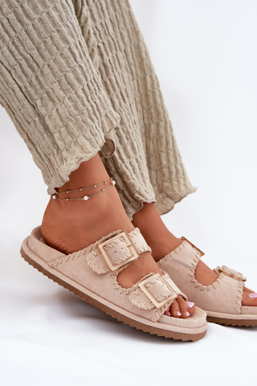 Women's Sandals With Buckles And Decorative Stitching Beige Visley