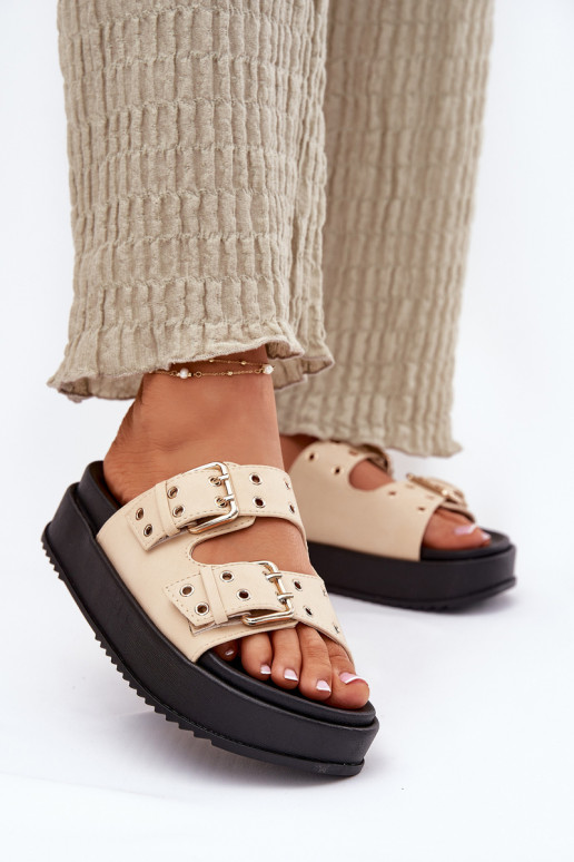 Ladies Sandals With Buckles On Platform Beige Nilatha Ladies Sandals With Buckles On Platform Beige Nilatha