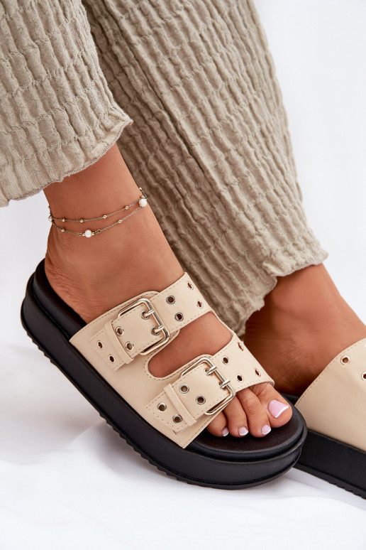 Ladies Sandals With Buckles On Platform Beige Nilatha Ladies Sandals With Buckles On Platform Beige Nilatha