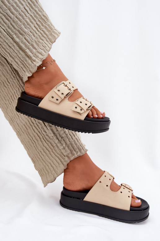 Ladies Sandals With Buckles On Platform Beige Nilatha Ladies Sandals With Buckles On Platform Beige Nilatha