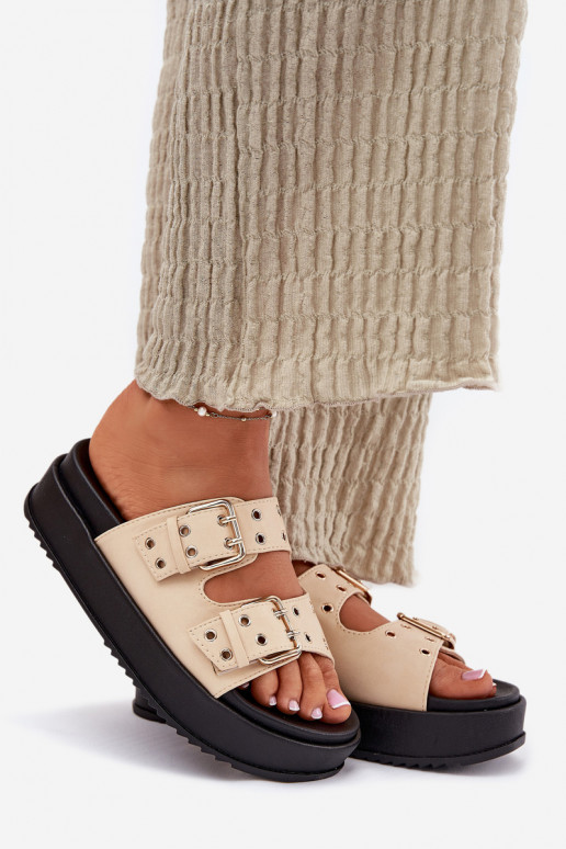 Ladies Sandals With Buckles On Platform Beige Nilatha Ladies Sandals With Buckles On Platform Beige Nilatha