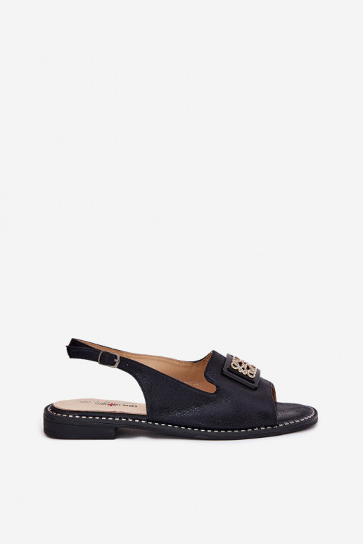 Elegant Women's Sandals On Flat Heel With Decoration S.Barski KV51-082 Black