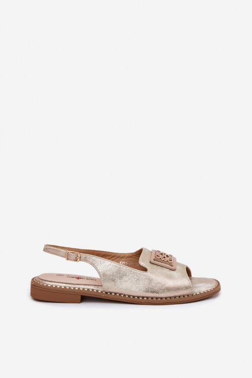 Eleganckie Sandały Damskie Na Płaskim Obcasie Z Ozdobą S.Barski KV51-082 Złote Eleganckie Sandały Damskie Na Płaskim Obcasie Z Ozdobą S.Barski KV51-082 Złote