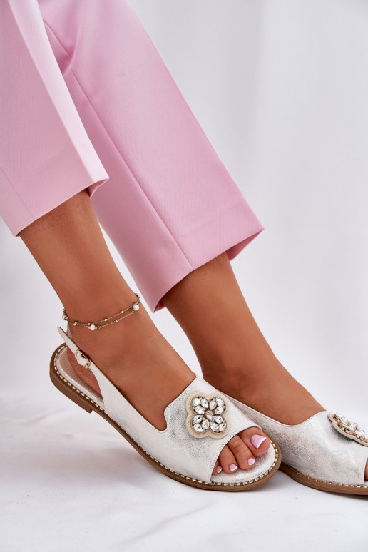 Ladies Sandals On Flat Heel With Decorative Detail S.Barski KV51-080 Silver