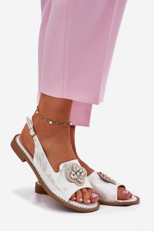 Ladies Sandals On Flat Heel With Decorative Detail S.Barski KV51-080 Silver