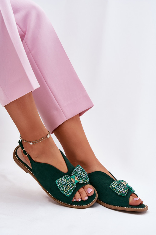 Womens Sandals With Bow On Flat Heel S.Barski KV51-014 Green