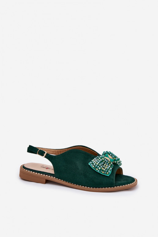 Womens Sandals With Bow On Flat Heel S.Barski KV51-014 Green