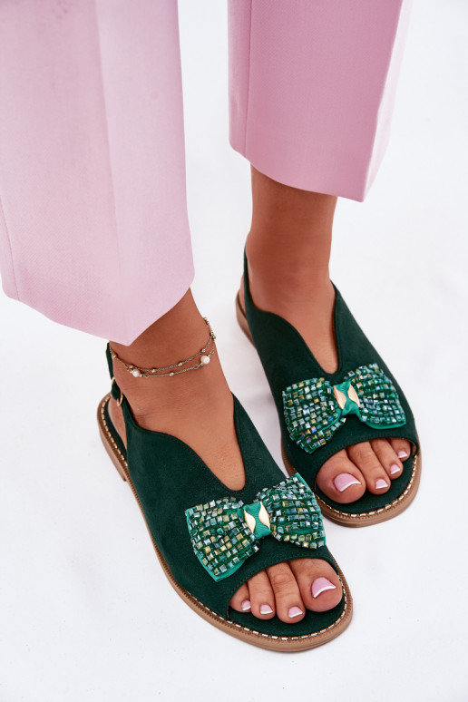 Womens Sandals With Bow On Flat Heel S.Barski KV51-014 Green