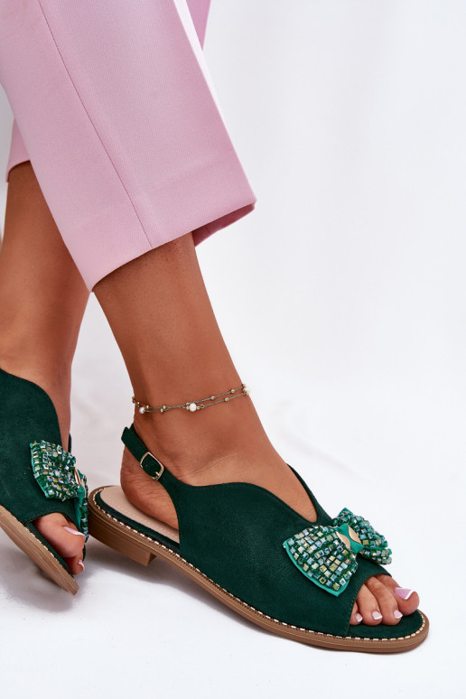 Womens Sandals With Bow On Flat Heel S.Barski KV51-014 Green