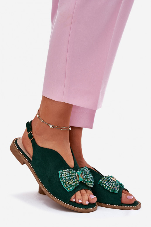 Womens Sandals With Bow On Flat Heel S.Barski KV51-014 Green