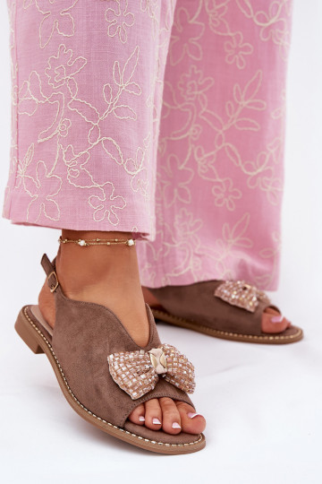 Womens Sandals With Bow On Flat Heel Beige S.Barski KV51-014