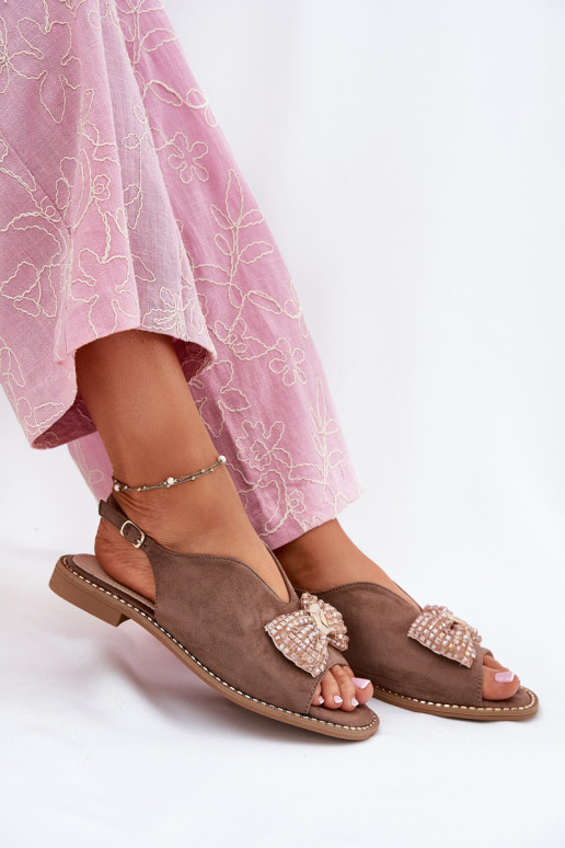 Womens Sandals With Bow On Flat Heel Beige S.Barski KV51-014