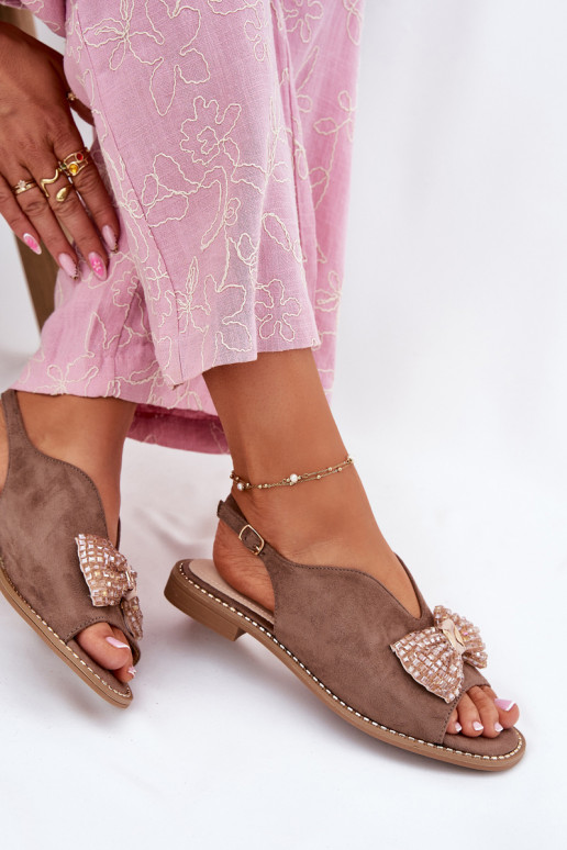 Womens Sandals With Bow On Flat Heel Beige S.Barski KV51-014