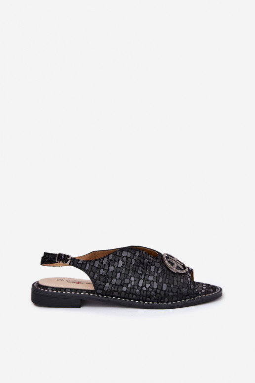 Skórzane Sandały Na Płaskim Obcasie Z Ozdobą S.Barski KV51-094 Czarne