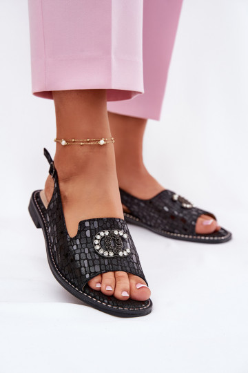 Leather Sandals With Decoration On Flat Heel S.Barski KV51-096 Black 2