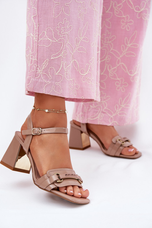 Leather patent women's sandals on heel beige Mevonelle Leather patent women's sandals on heel beige Mevonelle