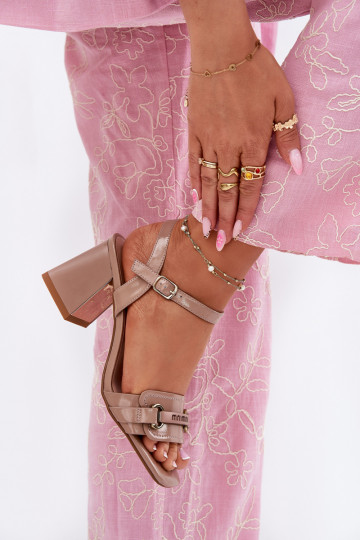 Leather patent women's sandals on heel beige Mevonelle 2