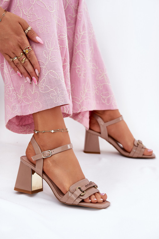 Leather patent women's sandals on heel beige Mevonelle Leather patent women's sandals on heel beige Mevonelle