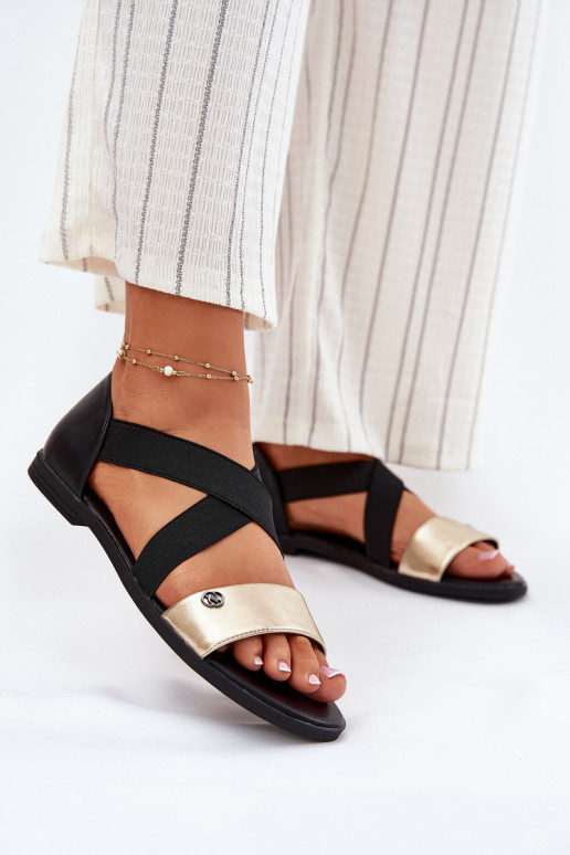 Women's Flat Sandals With Elastic Straps Black-Gold Marinea Women's Flat Sandals With Elastic Straps Black-Gold Marinea