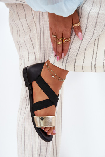 Women's Flat Sandals With Elastic Straps Black-Gold Marinea 2