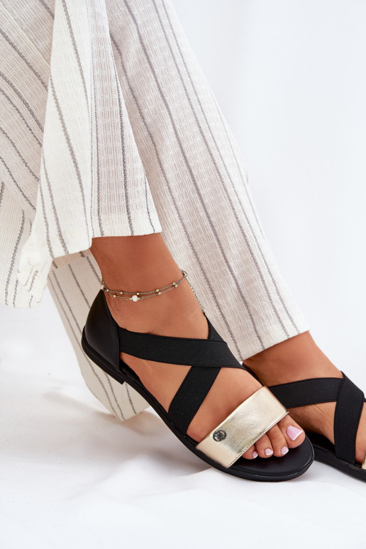 Women's Flat Sandals With Elastic Straps Black-Gold Marinea Women's Flat Sandals With Elastic Straps Black-Gold Marinea