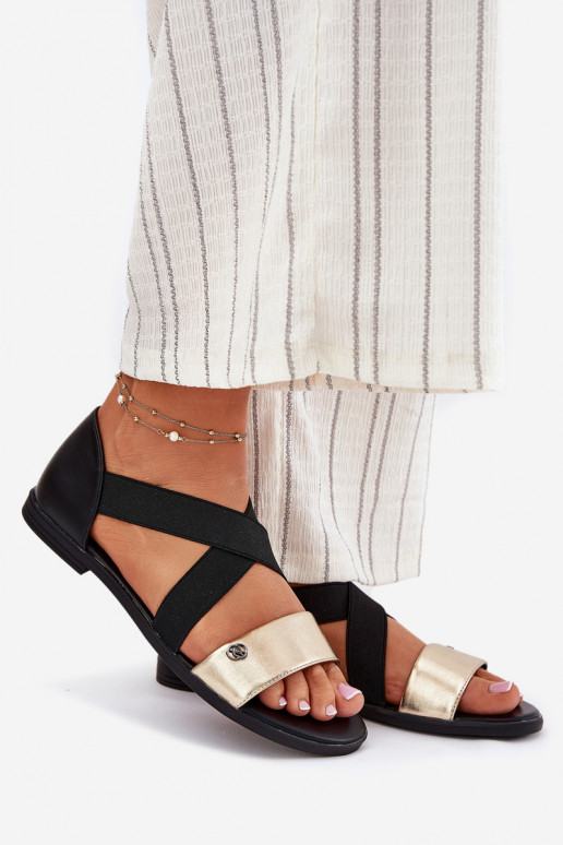 Women's Flat Sandals With Elastic Straps Black-Gold Marinea Women's Flat Sandals With Elastic Straps Black-Gold Marinea
