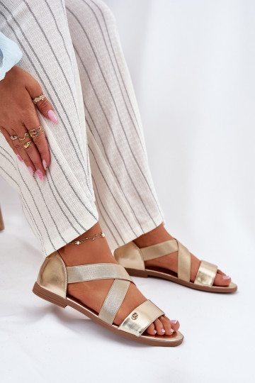 Womens flat sandals with elastic straps gold Marinea