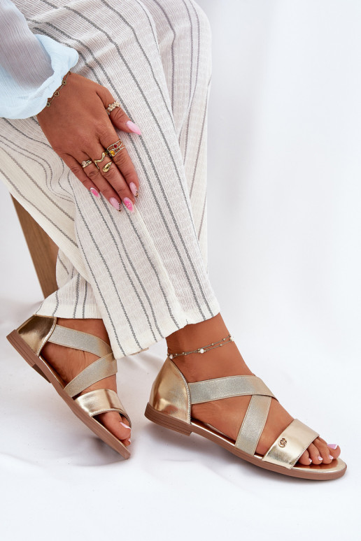 Womens flat sandals with elastic straps gold Marinea